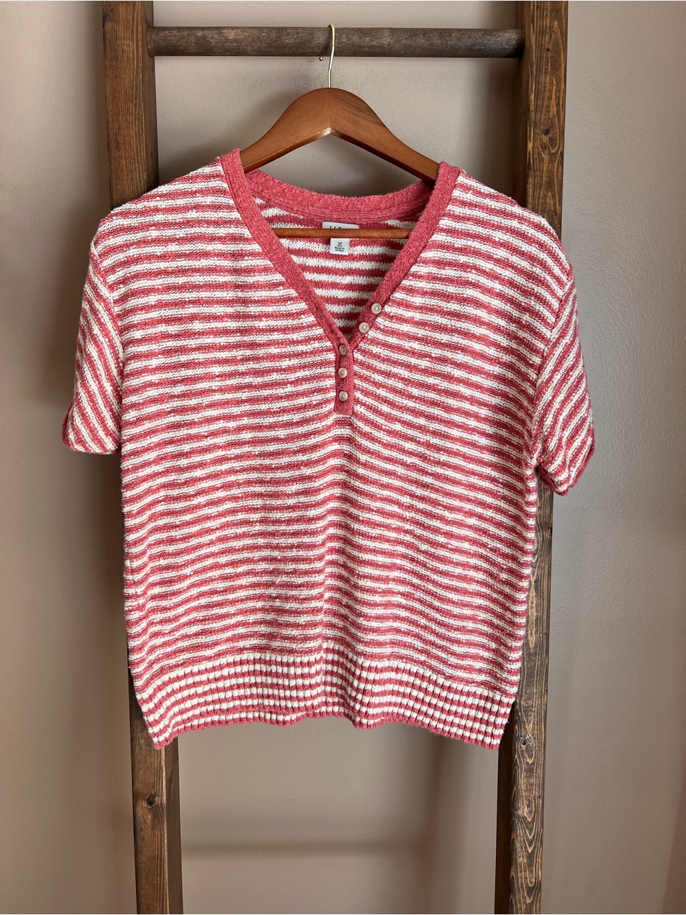 L.L. Bean Coral and White Striped Short-Sleeve V-Neck Sweater